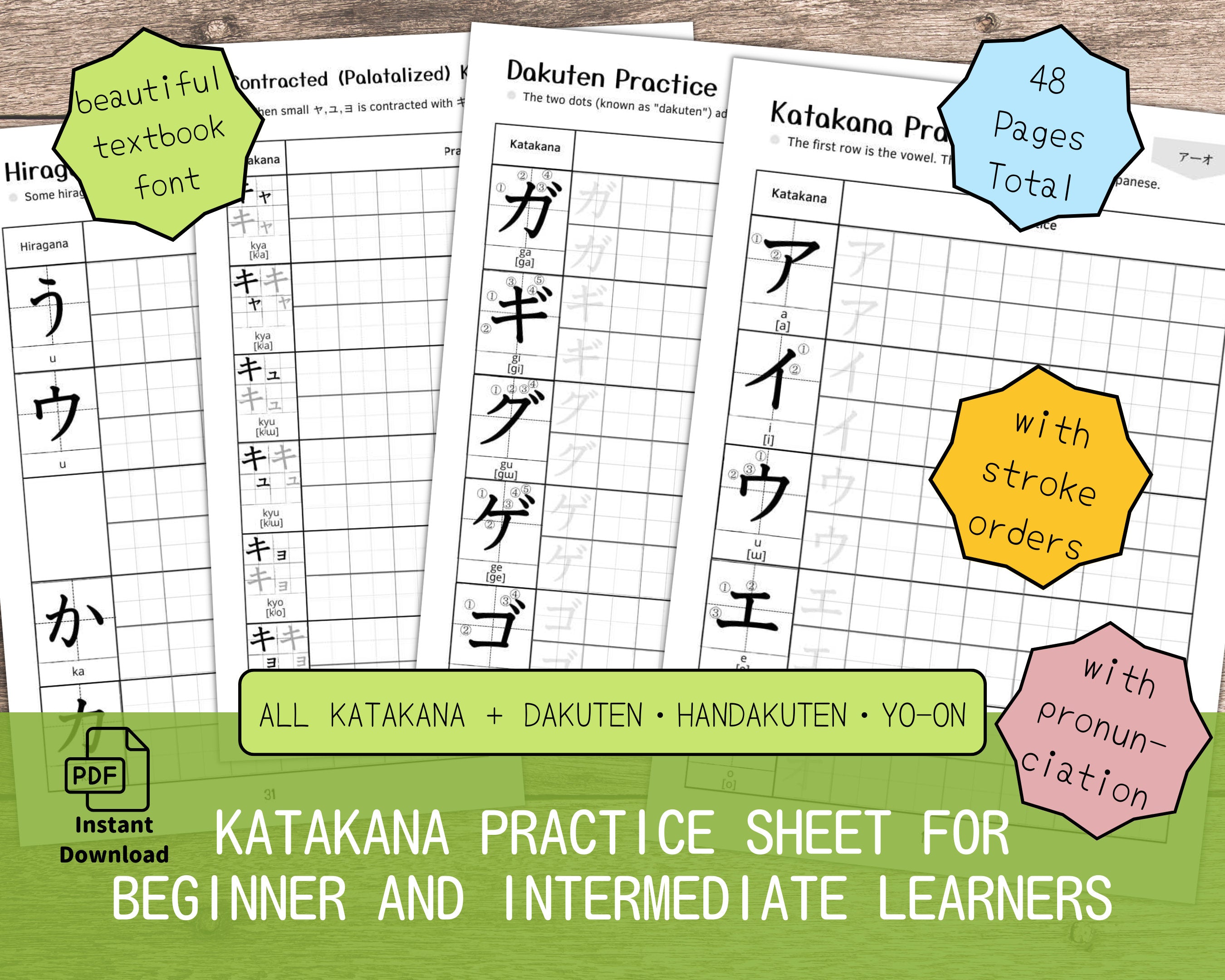 Katakana practice sheets for beginner and intermediate learners with text and graphics on a wooden surface.
