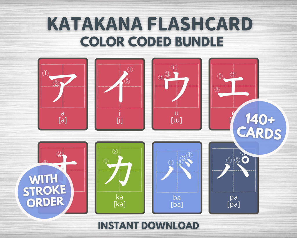 Katakana flashcard color-coded bundle with stroke order on a metallic background