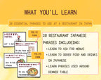 Educational slide about essential Japanese phrases for restaurants with images and text on a yellow background.