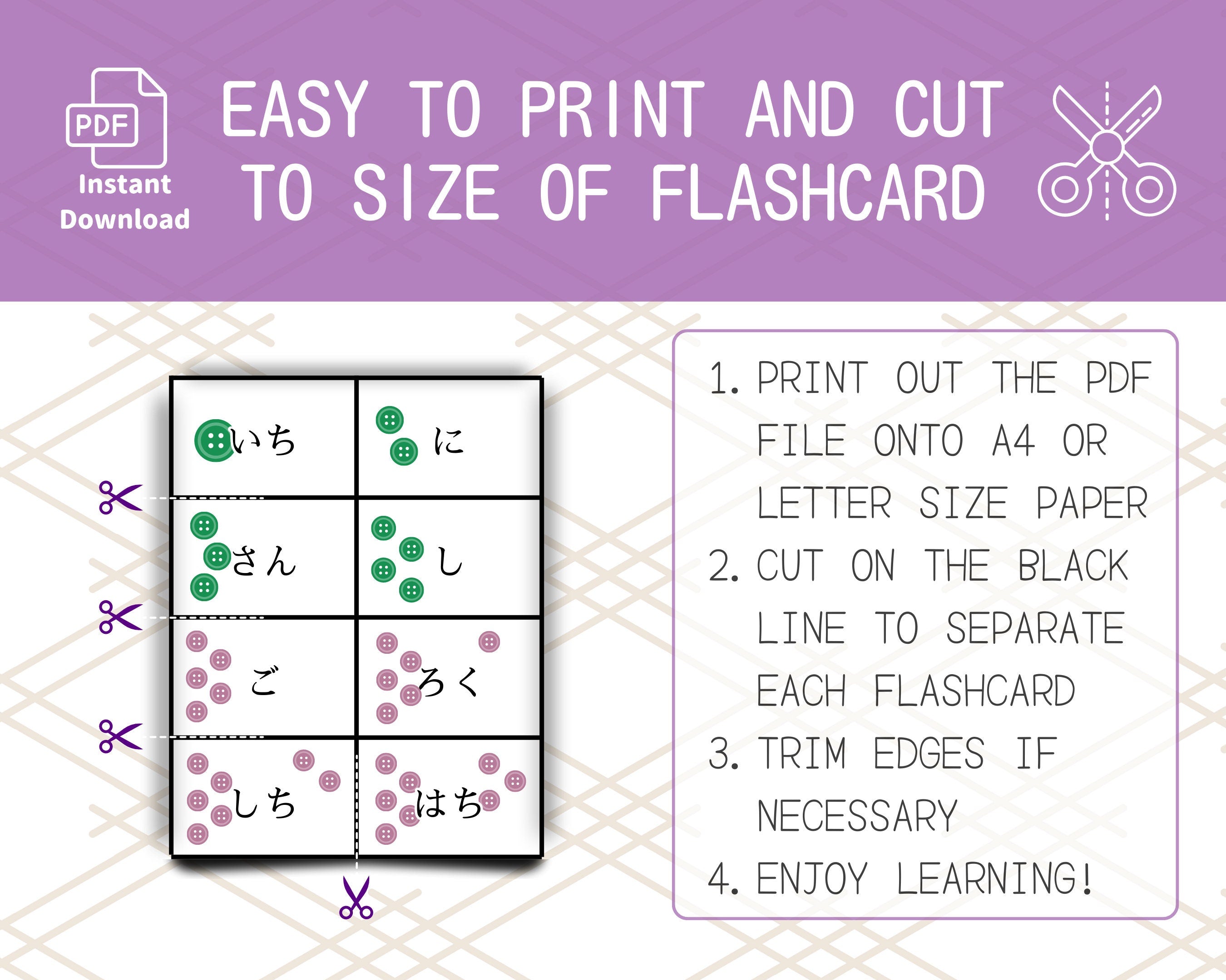 Flashcard template with instructions on a purple background