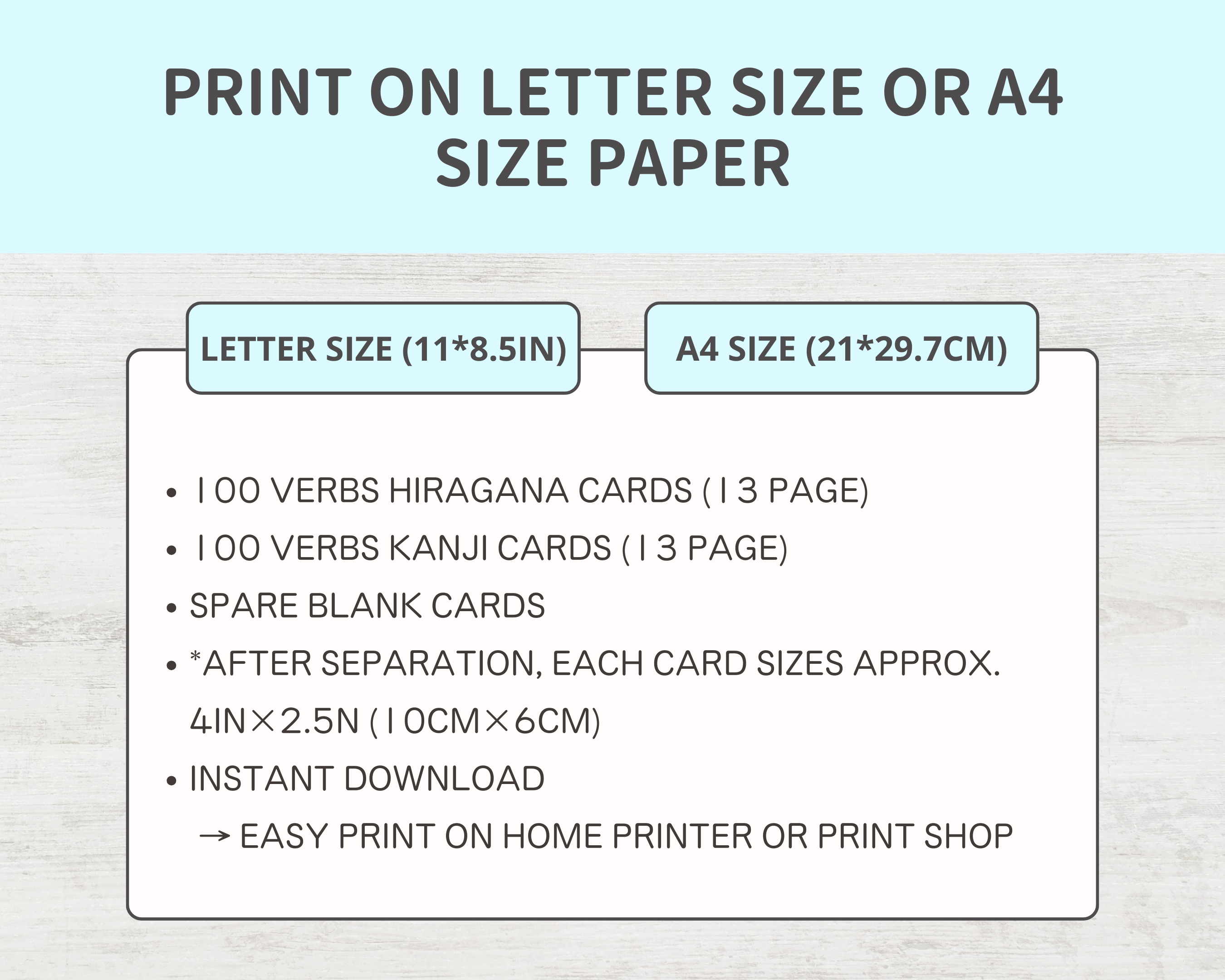 Informational graphic about verb cards for Hiragana and Kanji on Letter or A4 size paper.