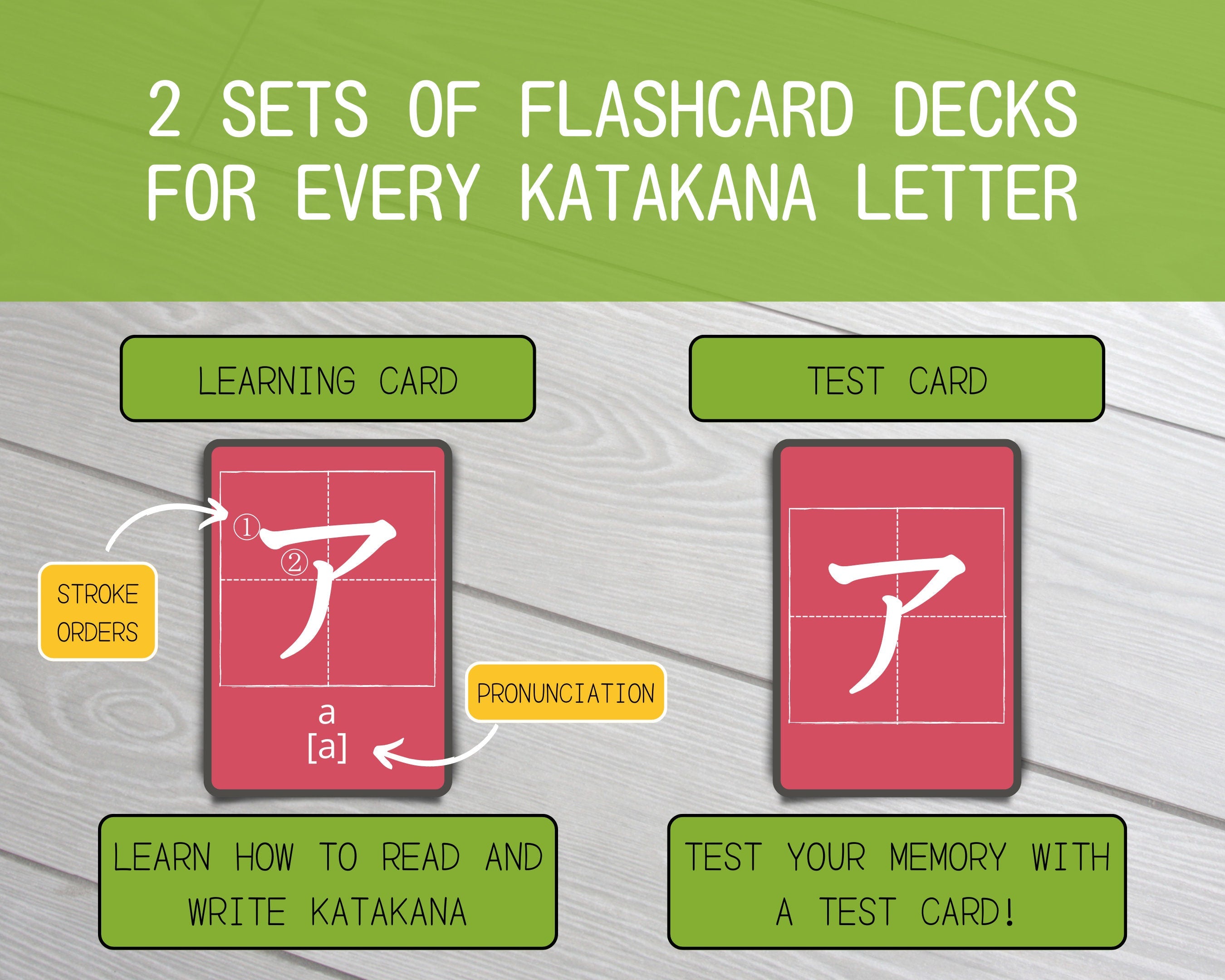 Flashcard decks for learning and testing katakana letters on a wooden surface.