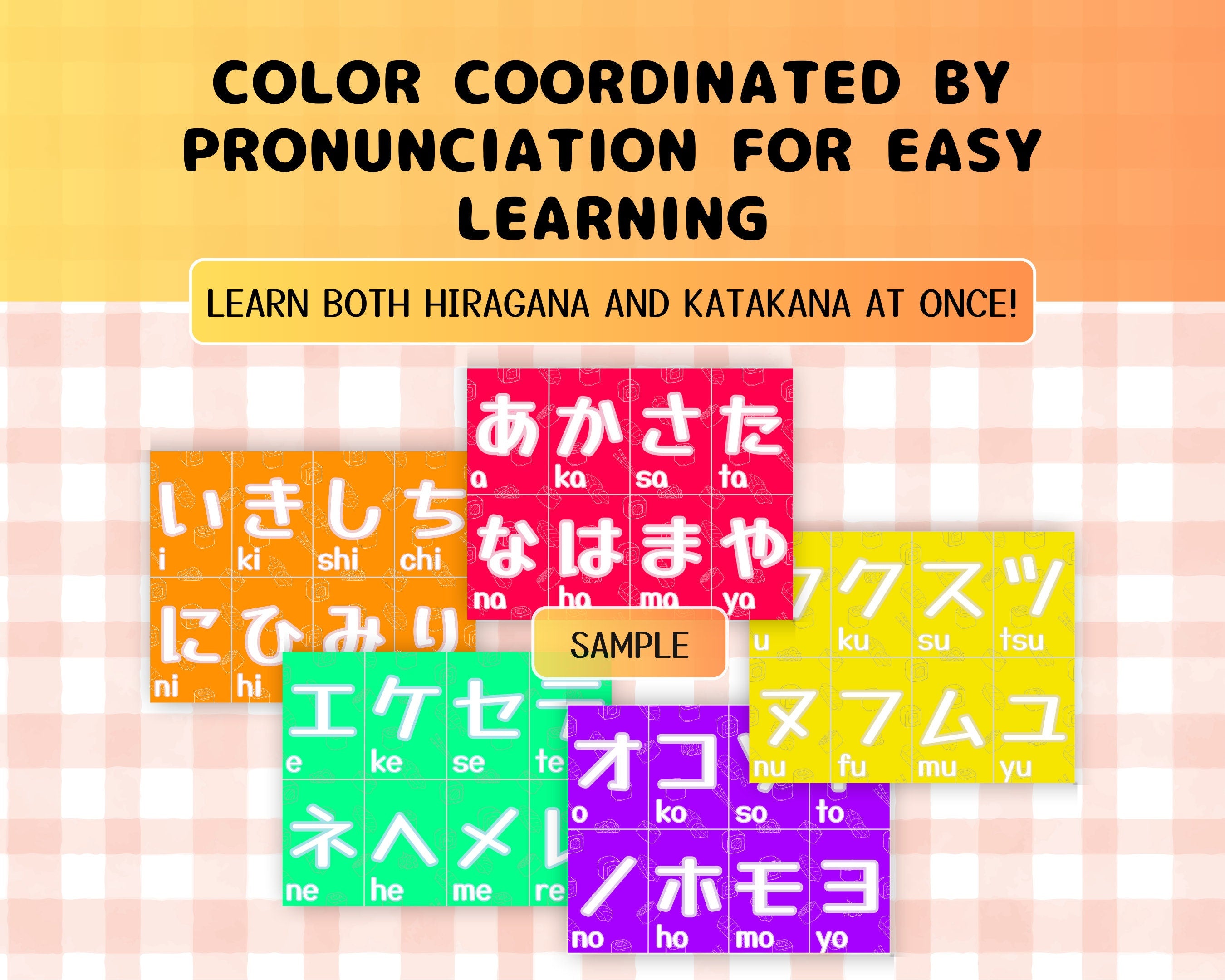 Color-coordinated Japanese characters for hiragana and katakana on a checkered background with text about pronunciation learning.
