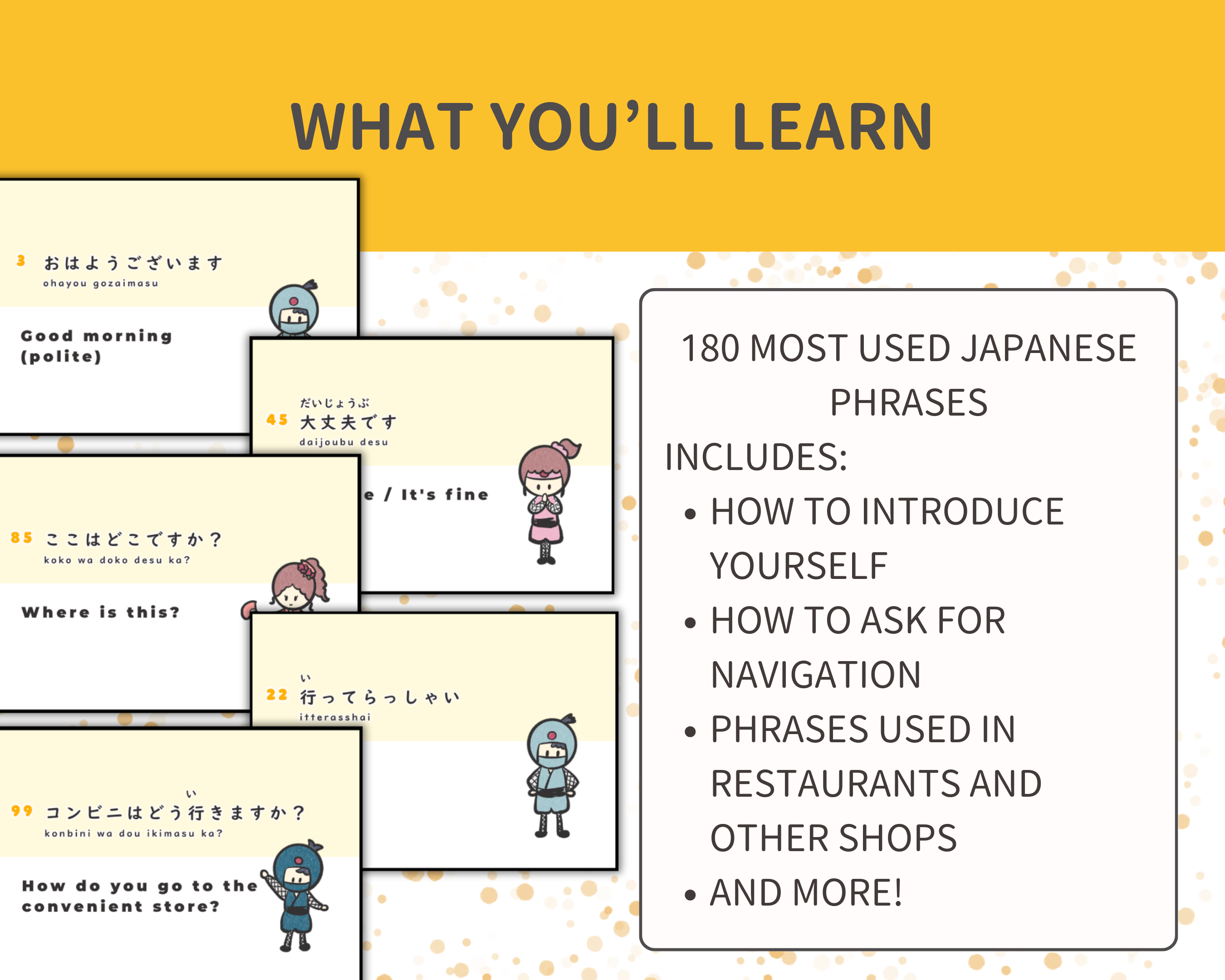 Educational material about learning 180 most used Japanese phrases with illustrations and text.