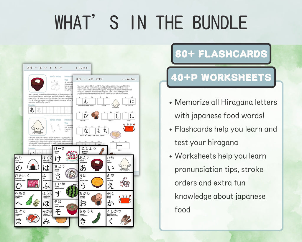 Educational materials including flashcards and worksheets for learning Japanese Hiragana with food-themed images.
