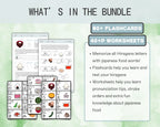 Educational materials including flashcards and worksheets for learning Japanese Hiragana with food-themed images.