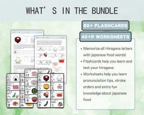 Educational materials including flashcards and worksheets for learning Japanese Hiragana with food-themed images.