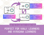Educational graphic for learning Japanese Kanji and Hiragana with text and clock illustrations.