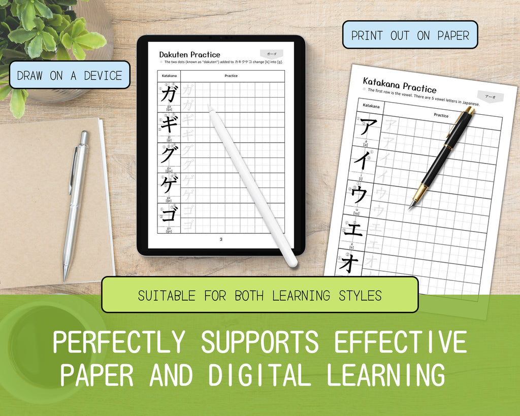 Digital tablet displaying Japanese character practice sheets next to printed sheets on a wooden surface.