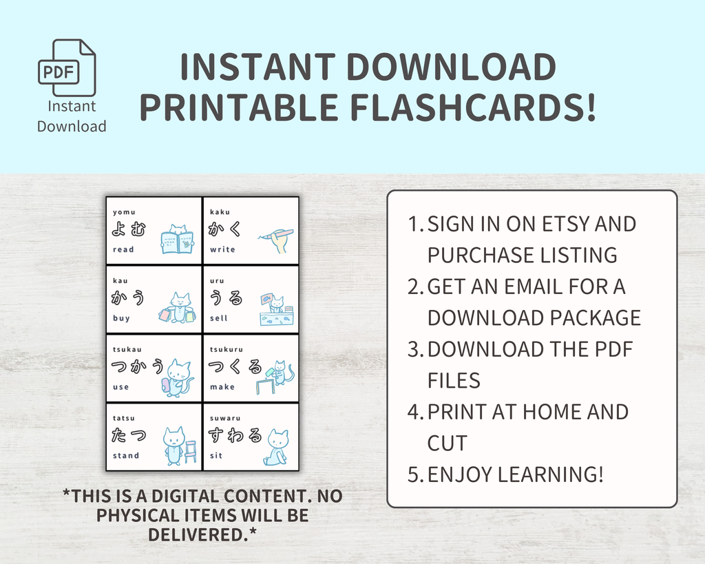 Instructions for instant download printable flashcards on a light blue and gray background.
