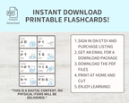 Instructions for instant download printable flashcards on a light blue and gray background.