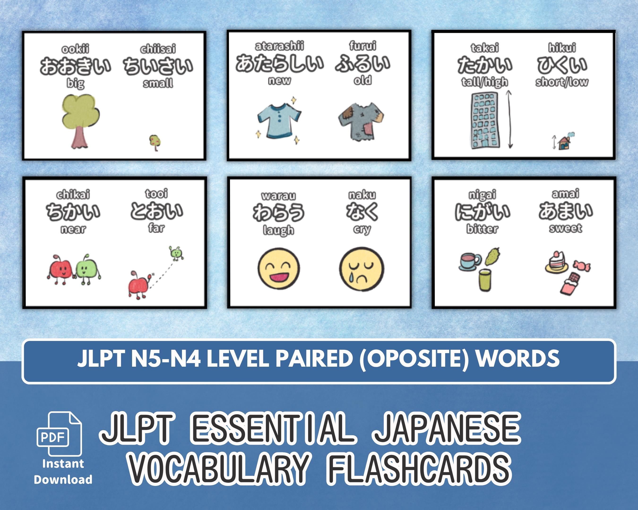 Flashcards with Japanese vocabulary and opposites on a blue background