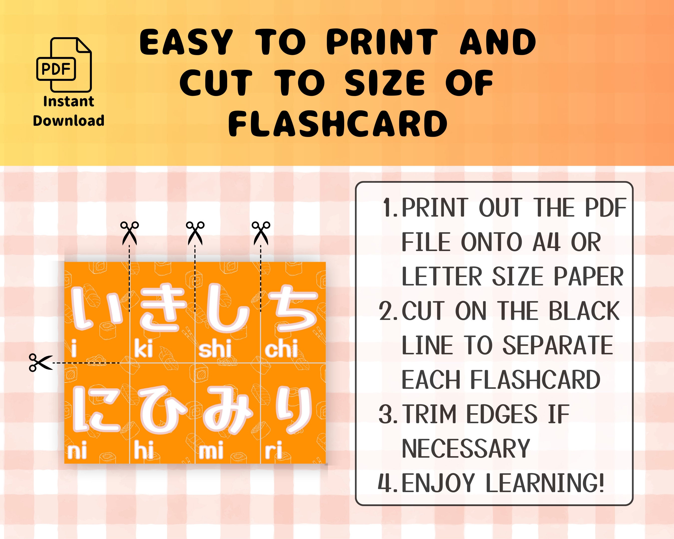 Instructions for printing and cutting flashcards with a PDF icon and text on an orange background.