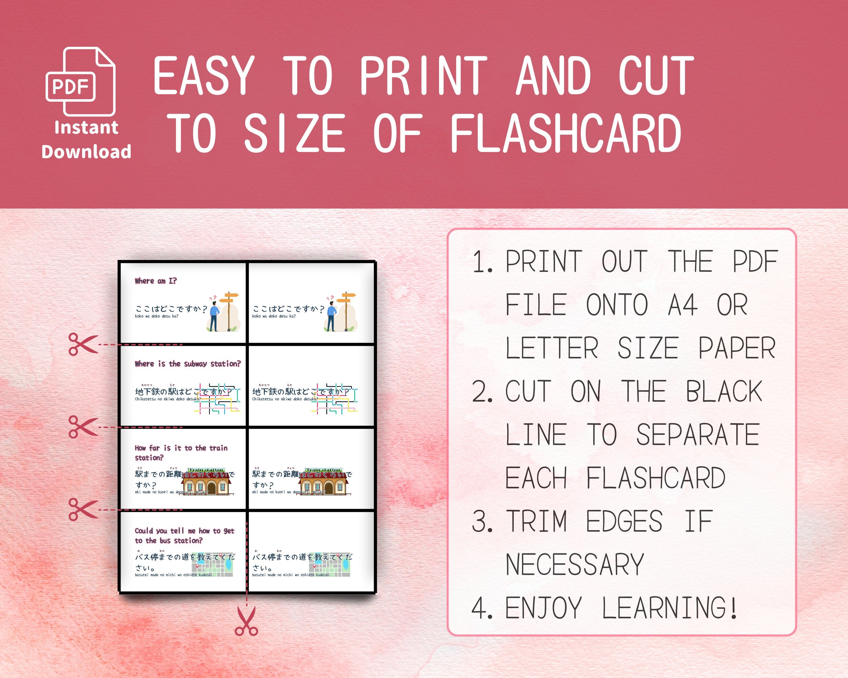 Instructions for printing and cutting flashcards from a PDF file on a pink background.
