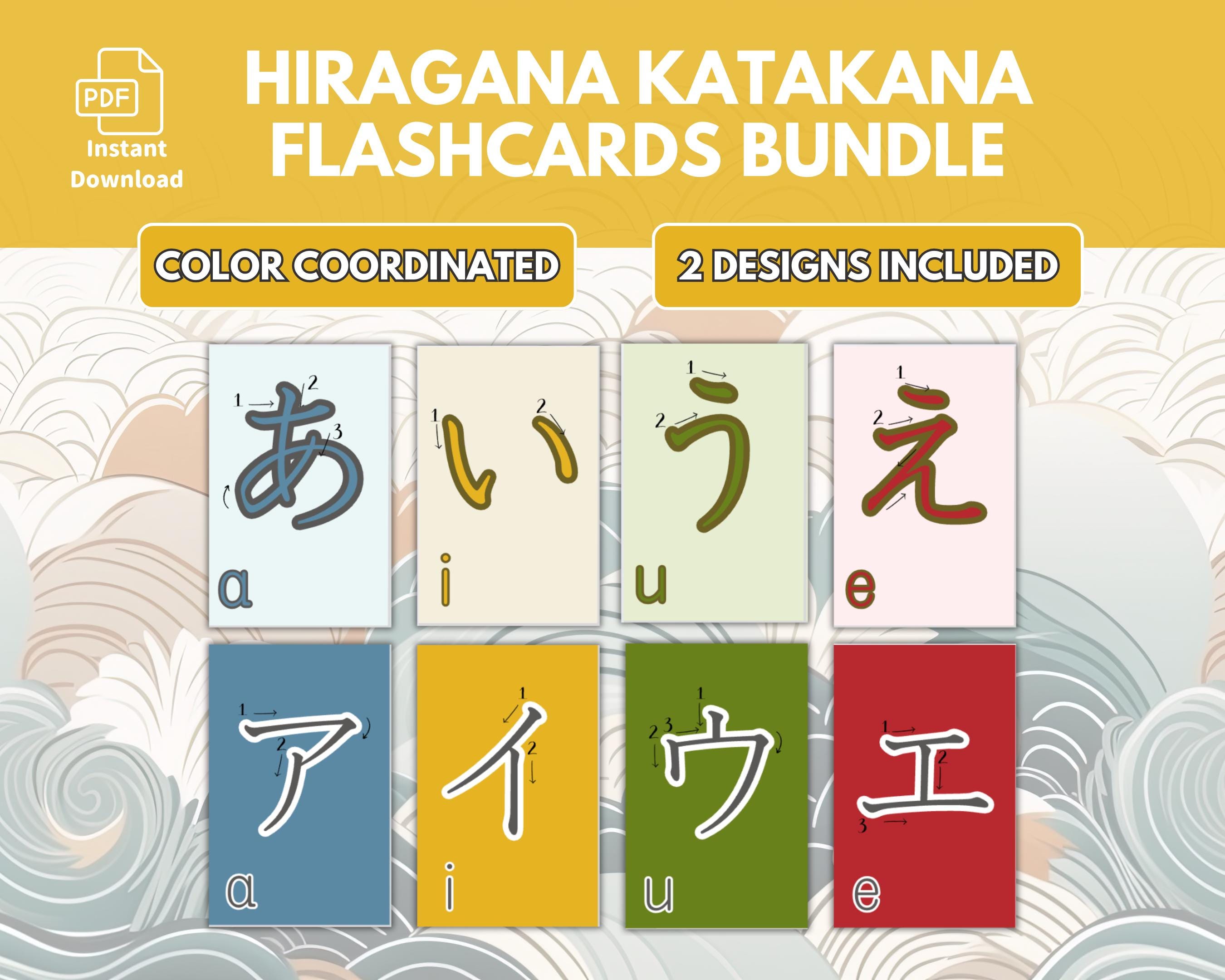 Hiragana and Katakana flashcards bundle with colorful cards on a decorative background