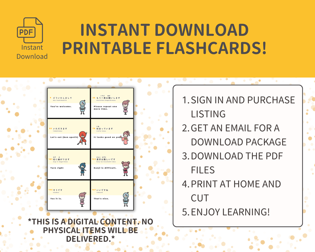 Promotional graphic for instant download printable flashcards with steps to use.
