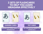 Flashcards for learning Hiragana with stroke orders and pronunciation on a purple background.