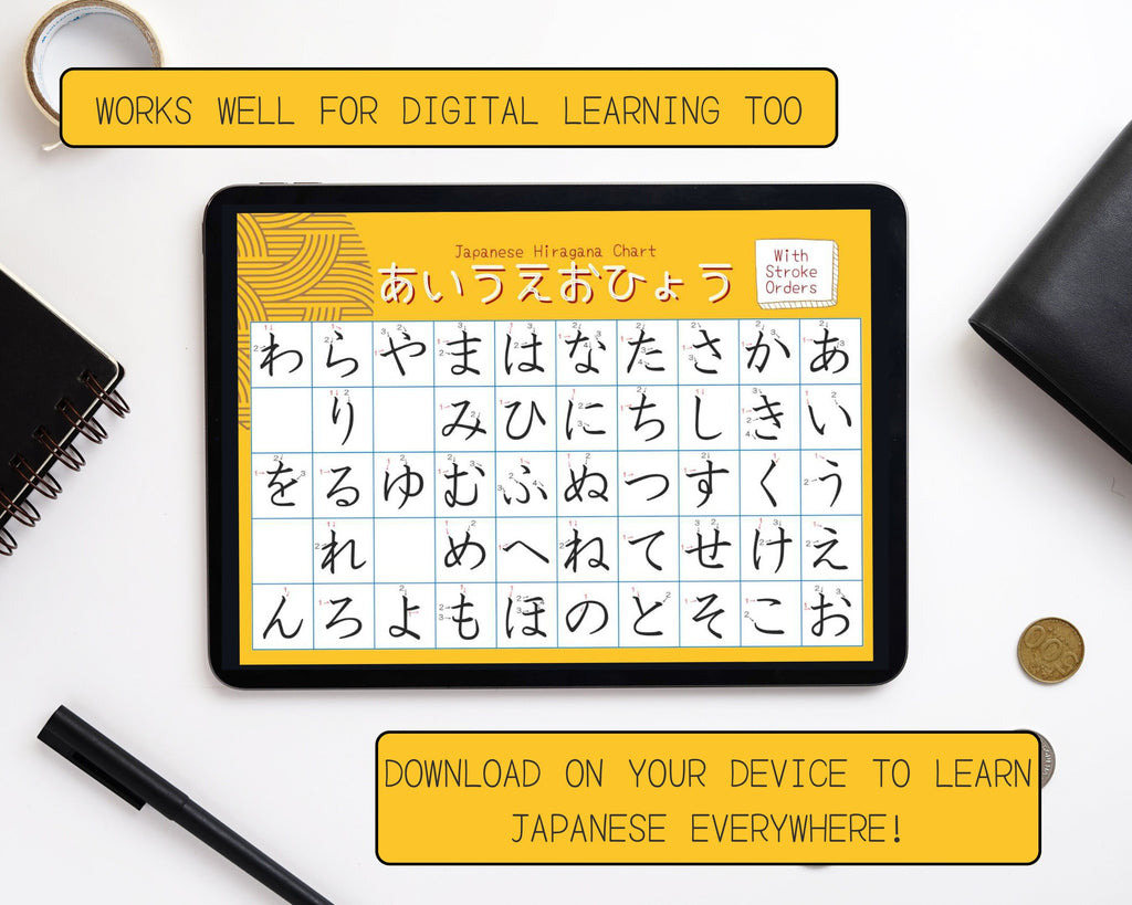 Tablet displaying Japanese Hiragana chart with promotional text on a white surface.