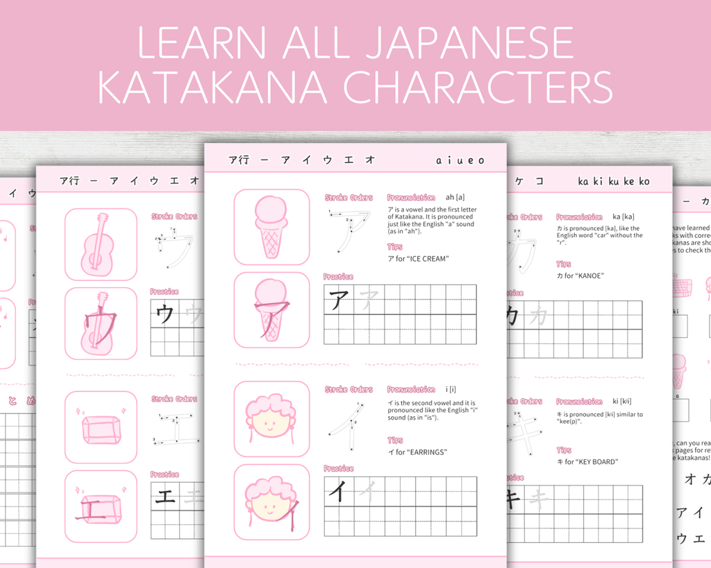 Sheet of Japanese katakana characters with illustrations and text on a pink background