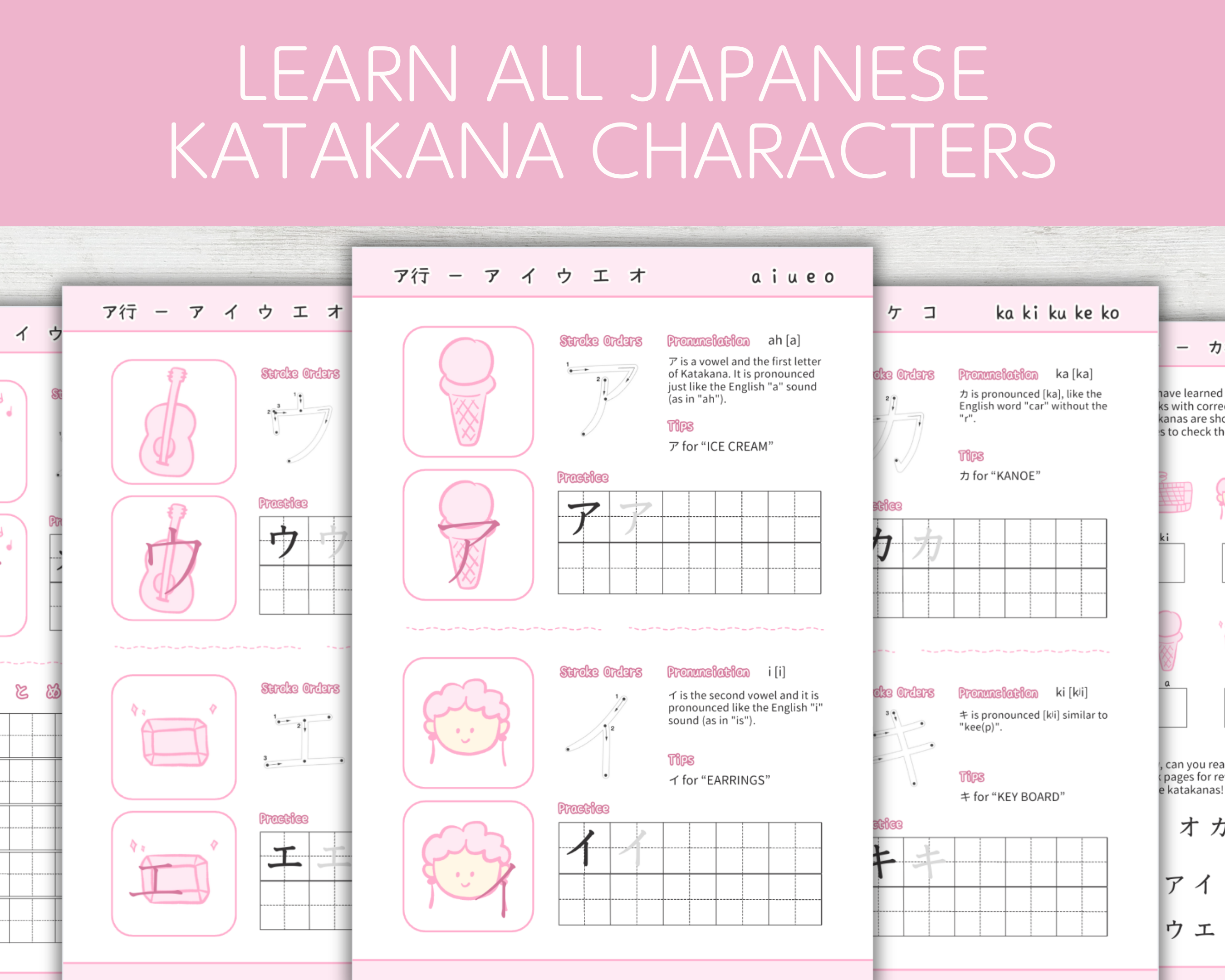 Sheet of Japanese katakana characters with illustrations and text on a pink background