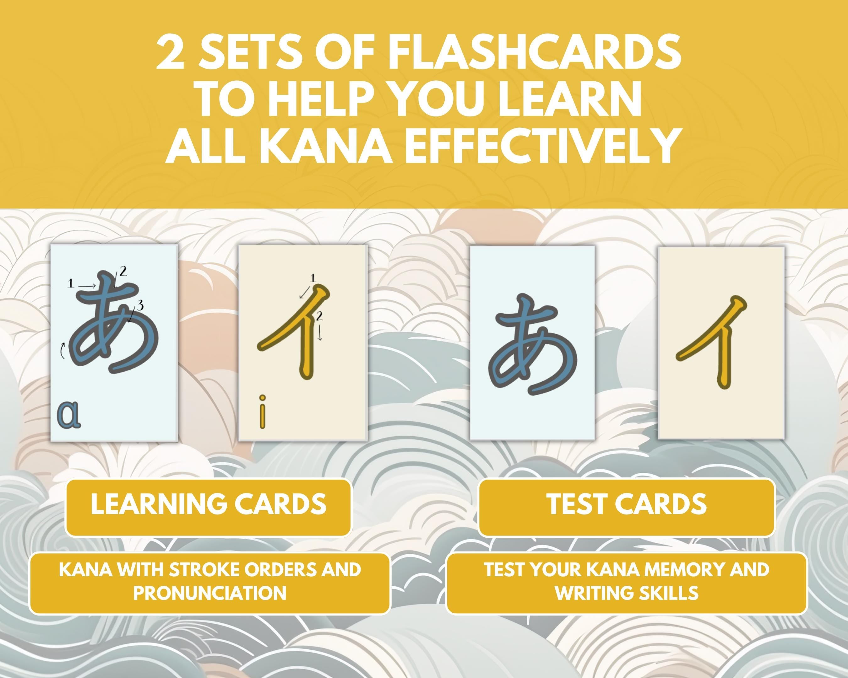 Flashcards for learning Kana with stroke orders and pronunciation on a decorative background.