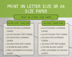 Informational graphic about katakana learning cards with size options on a textured background.