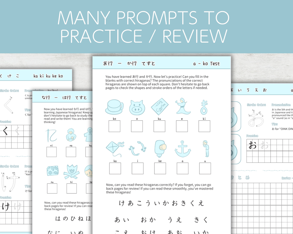 Educational materials with Japanese characters and practice exercises on a light blue background