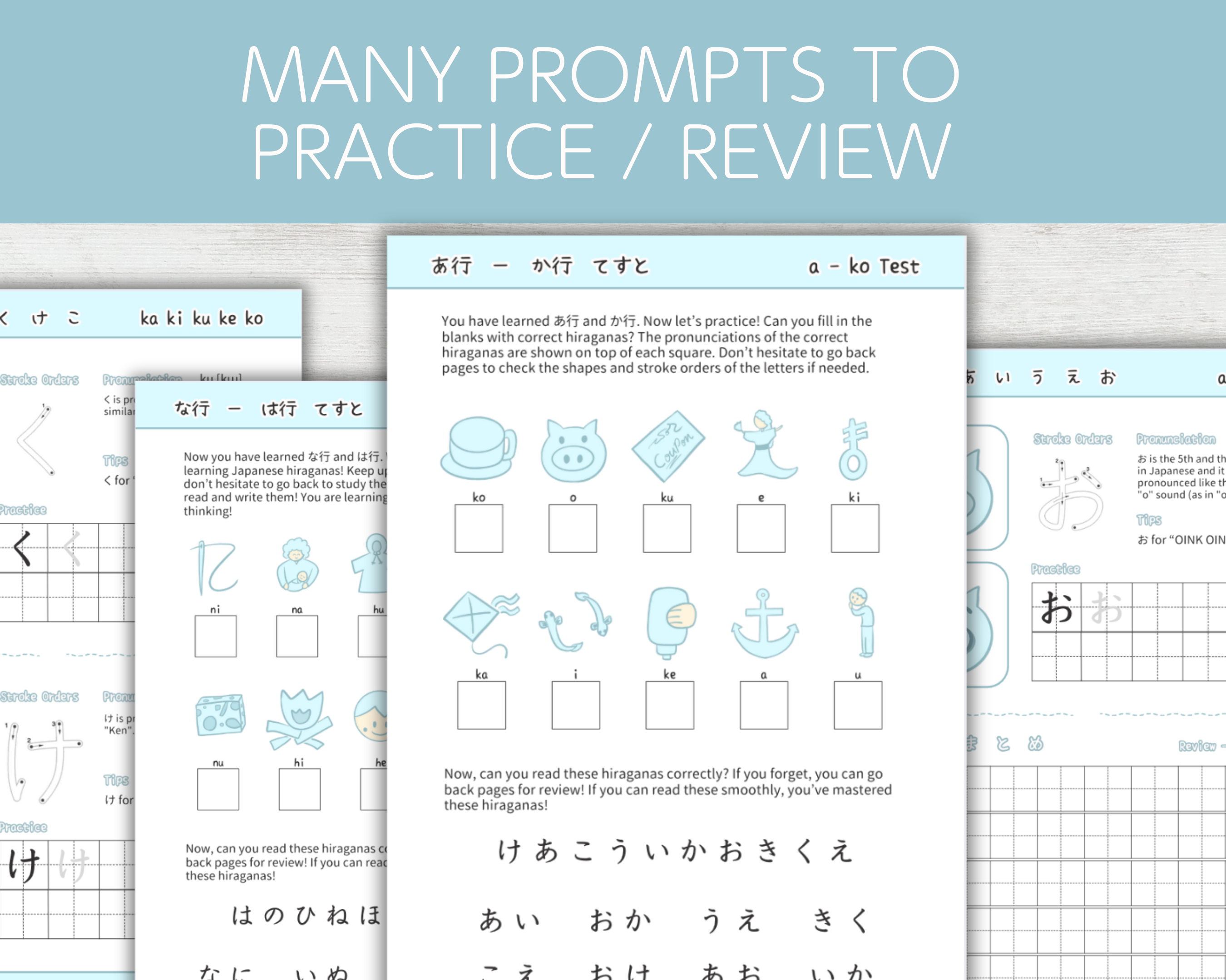 Educational materials with Japanese characters and practice exercises on a light blue background