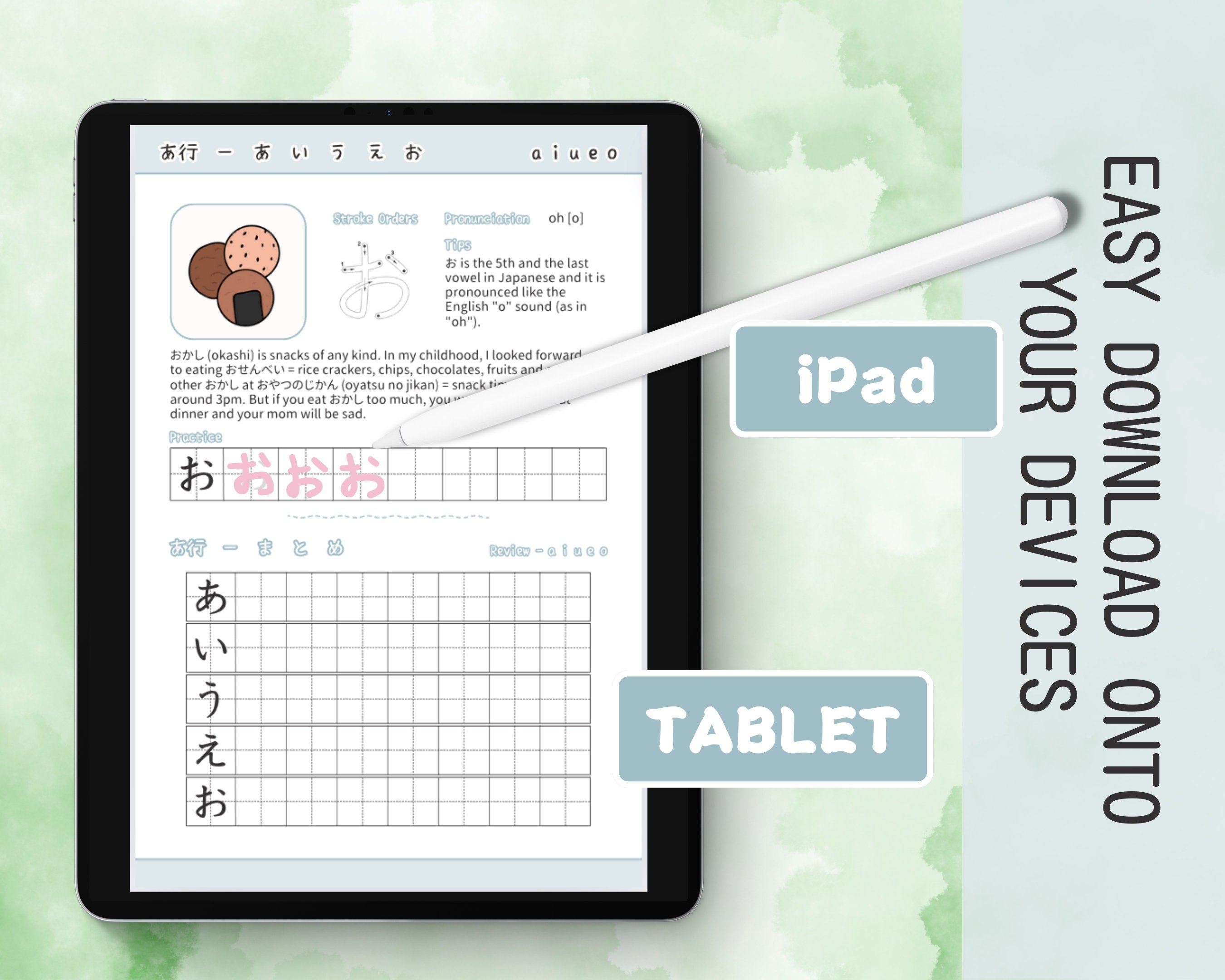 iPad displaying educational app with text and graphics on a light green background