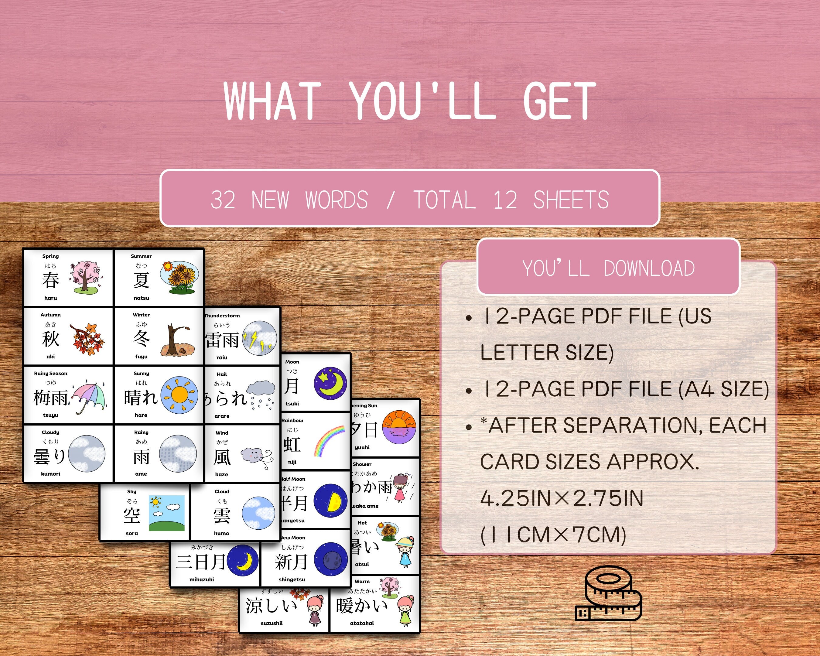 Educational flashcards with Japanese characters on a wooden surface and pink background