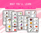 Educational chart for learning Japanese Hiragana letters and food words on a pink background