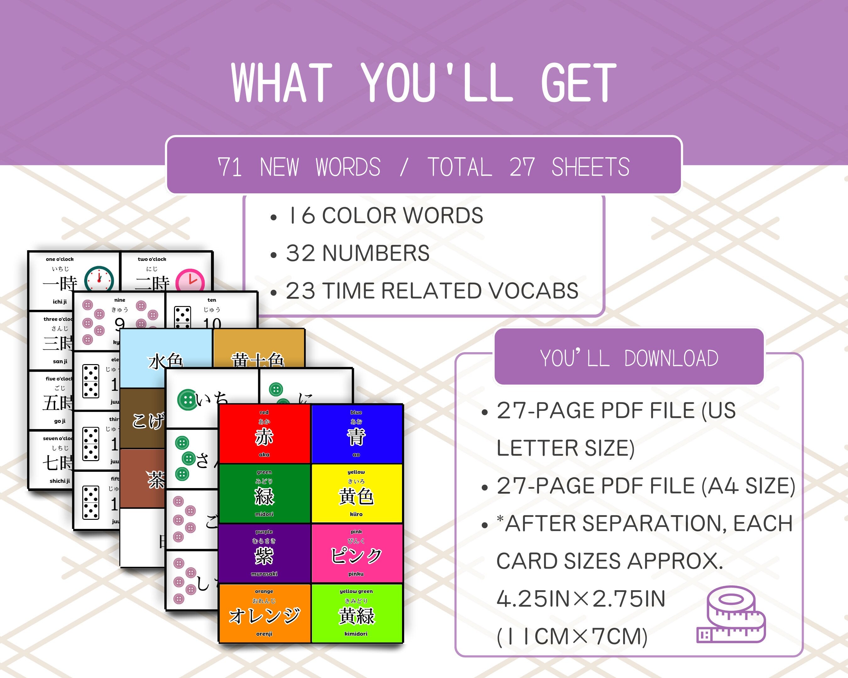 Product packaging with colorful cards and text detailing contents and download information on a purple background.