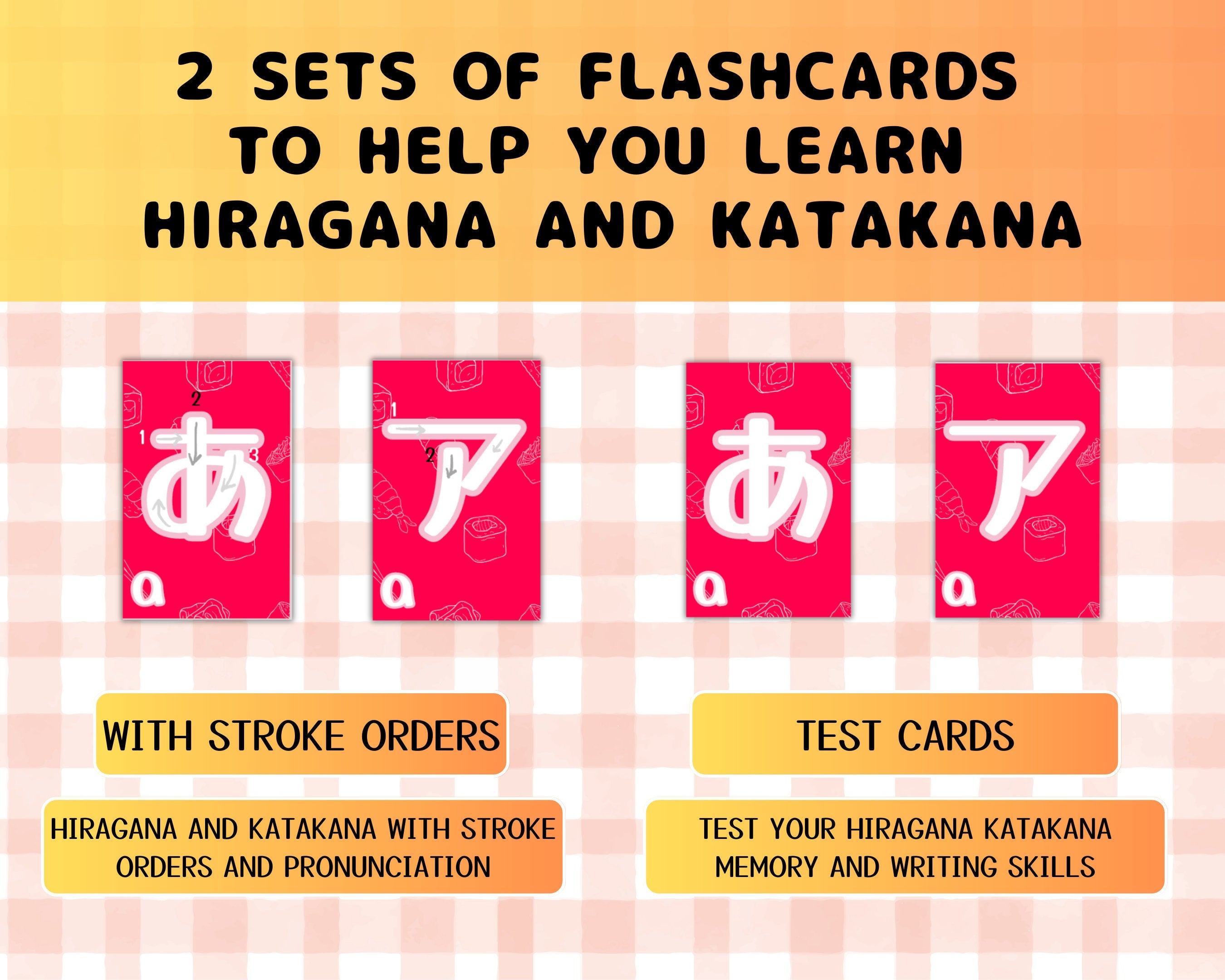 Flashcards for learning Hiragana and Katakana with stroke orders on a checkered background.