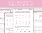 Educational worksheets with Japanese characters and illustrations on a pink background