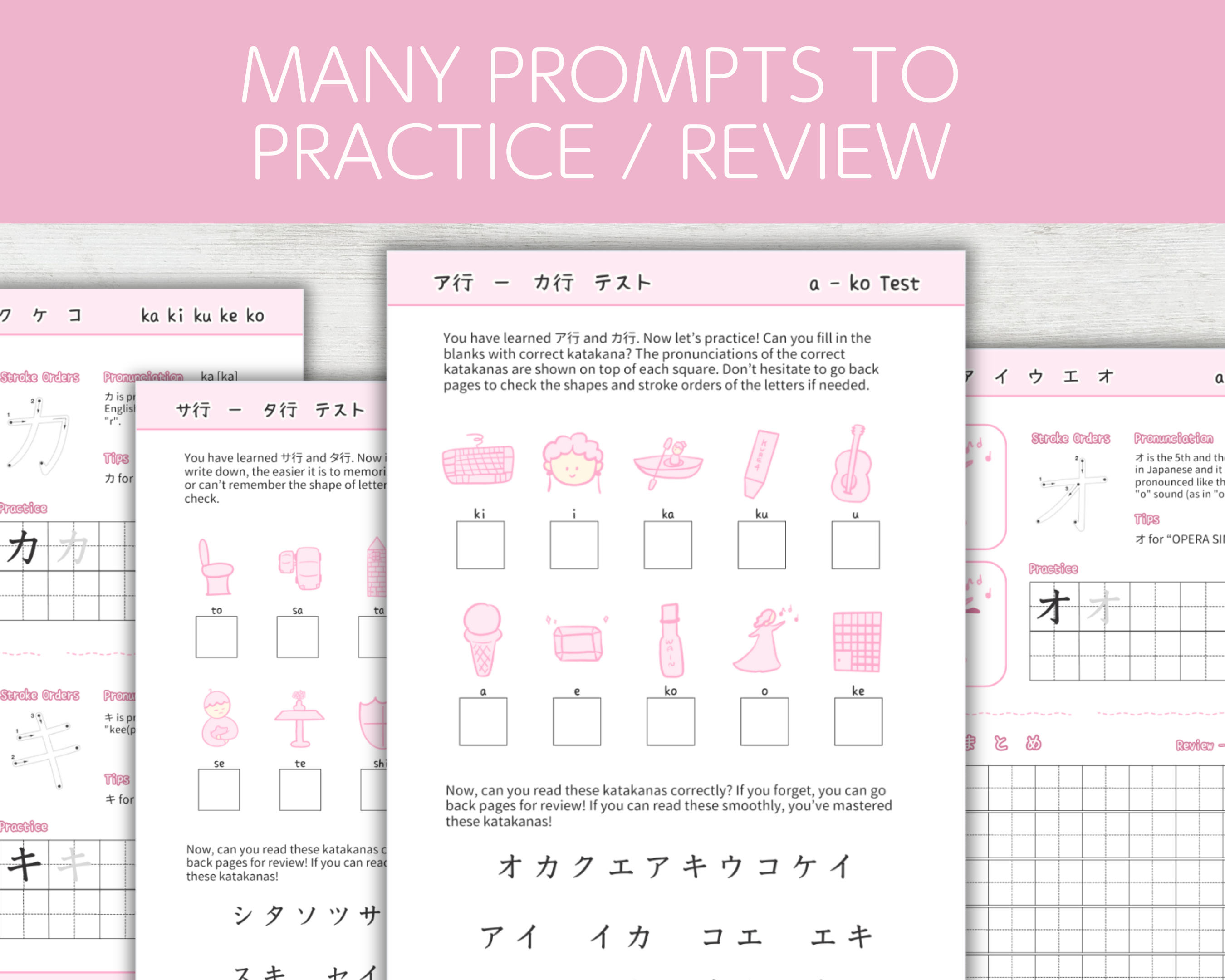 Educational worksheets with Japanese characters and illustrations on a pink background