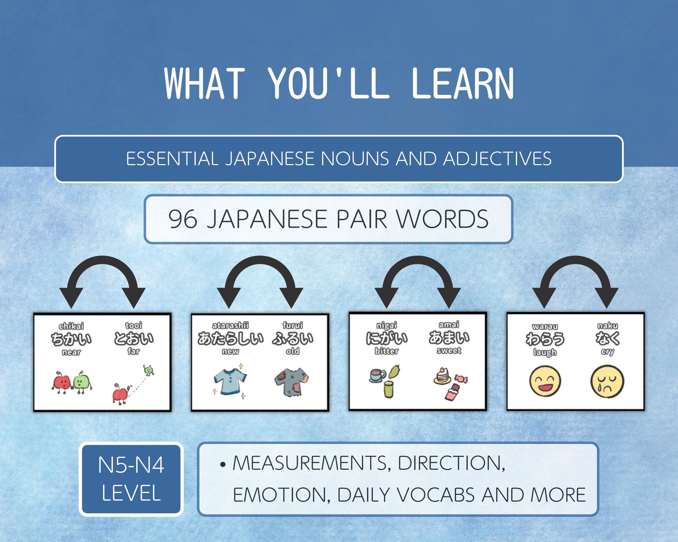 Educational graphic about learning essential Japanese nouns and adjectives with illustrations and text on a blue background.