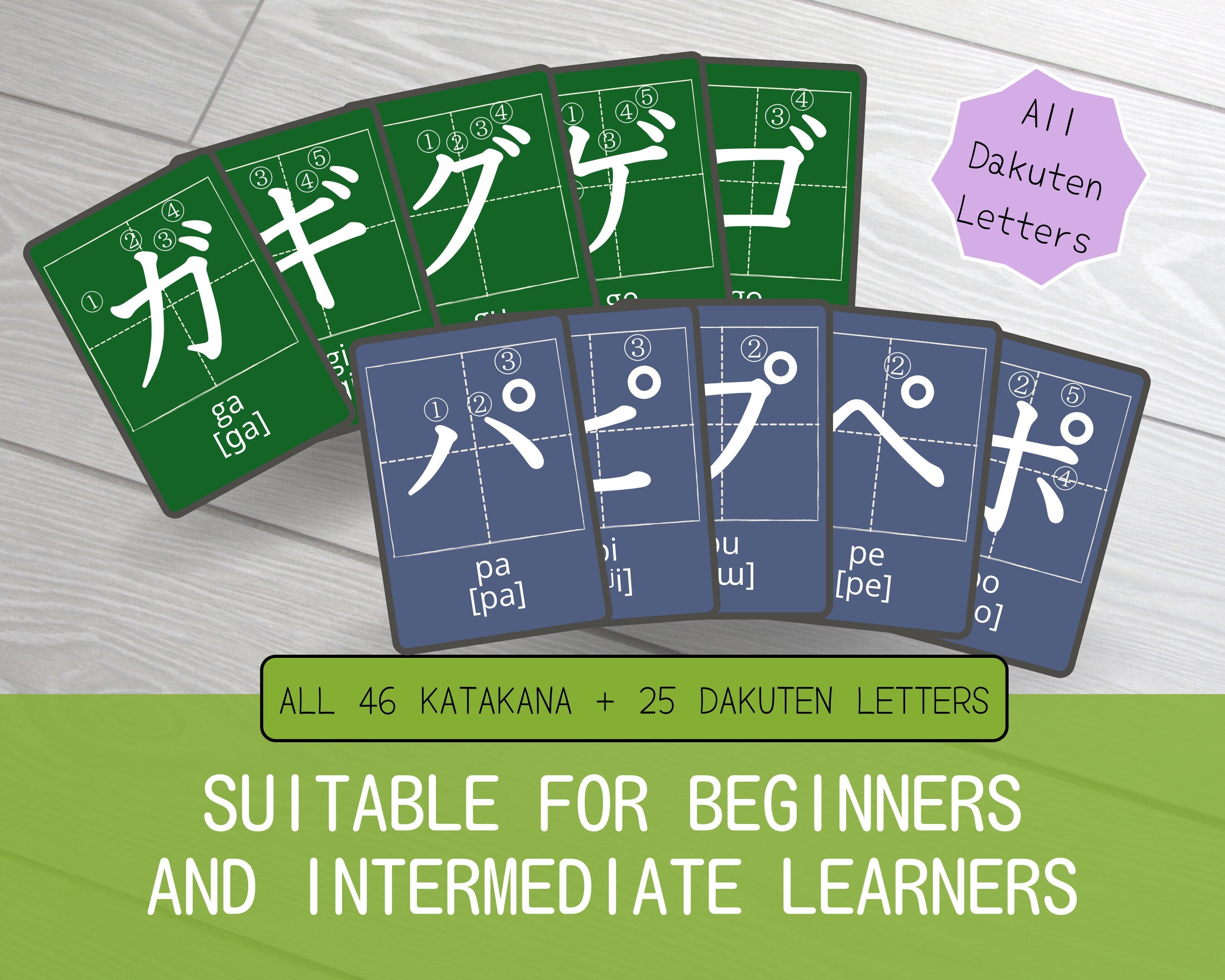 Set of educational cards with Japanese characters on a light gray background