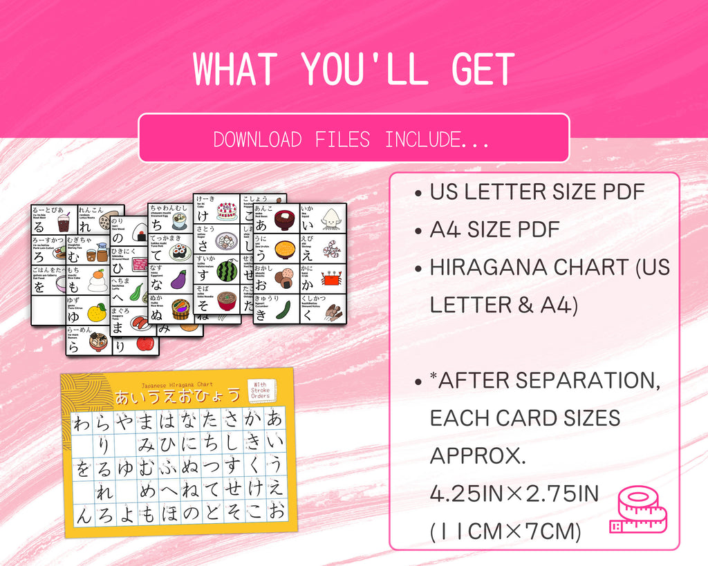 Product description card with Japanese characters and card images on a pink background