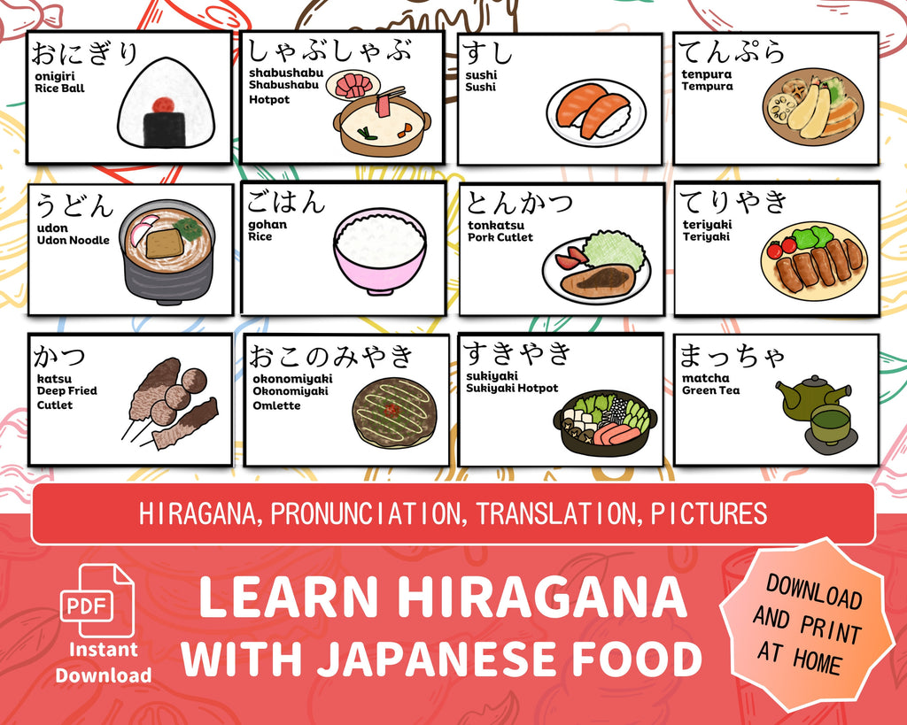 Educational chart with Japanese food illustrations and hiragana characters for learning.