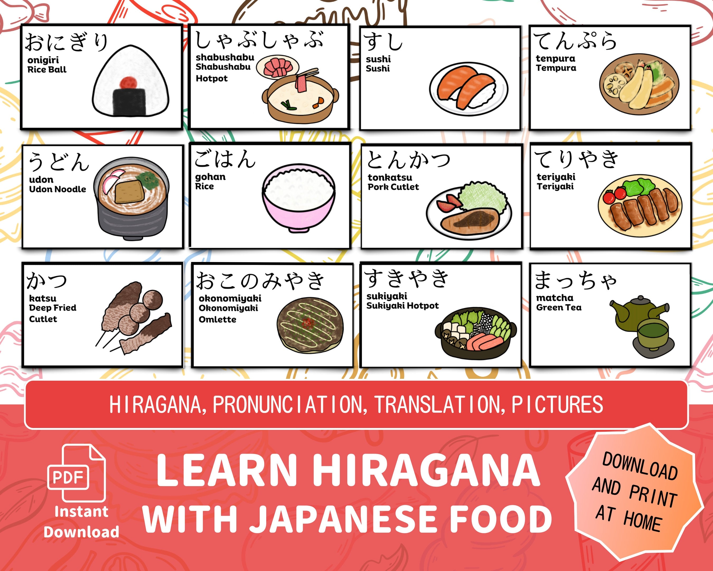 Educational chart with Japanese food illustrations and hiragana characters for learning.