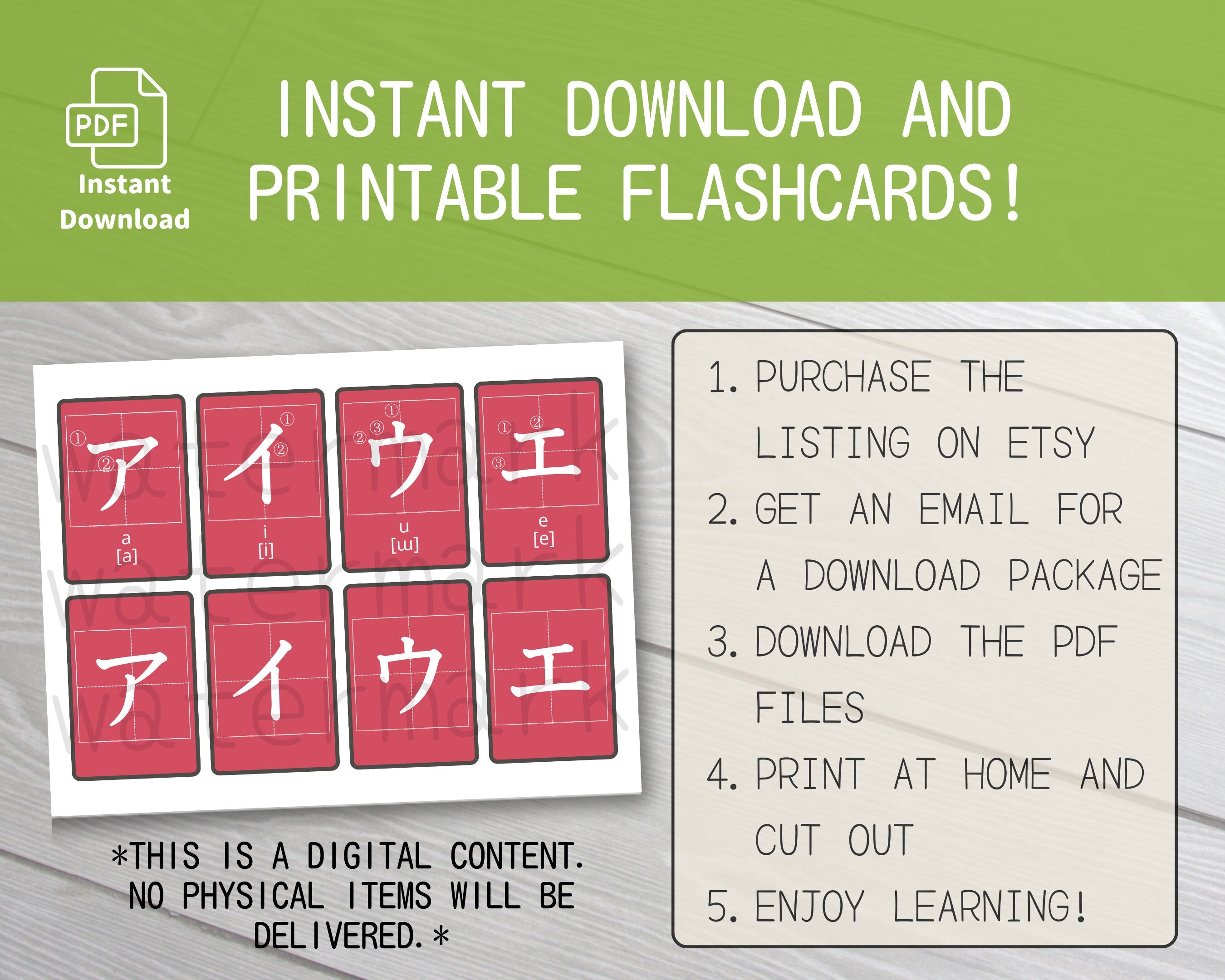 Digital flashcards for learning with text instructions on a wooden surface.