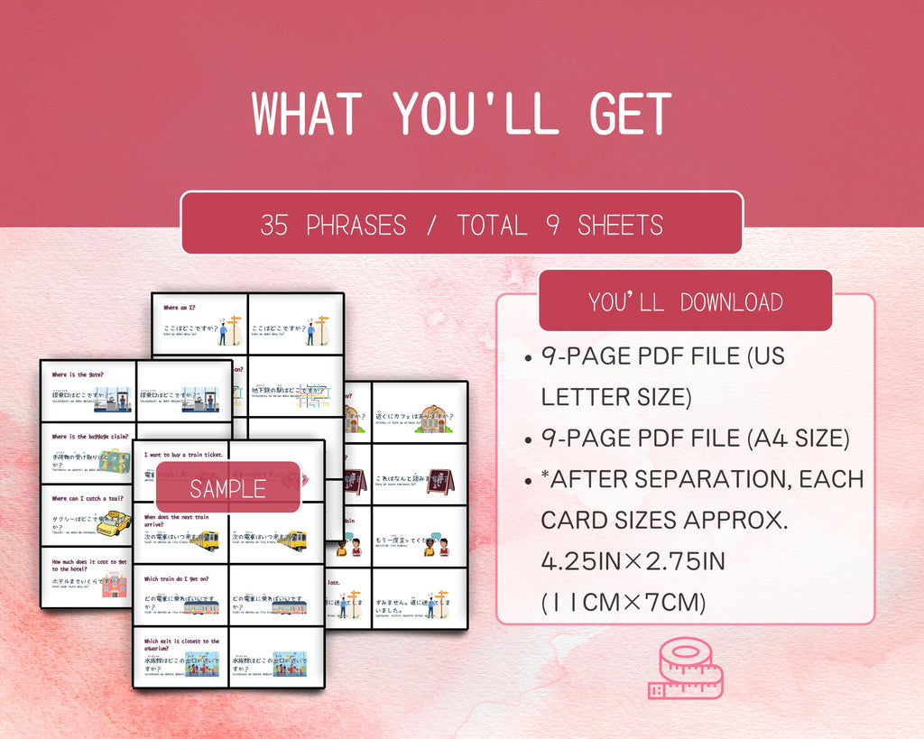Product description of a 9-page PDF file with card sizes on a pink background