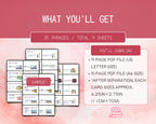 Product description of a 9-page PDF file with card sizes on a pink background