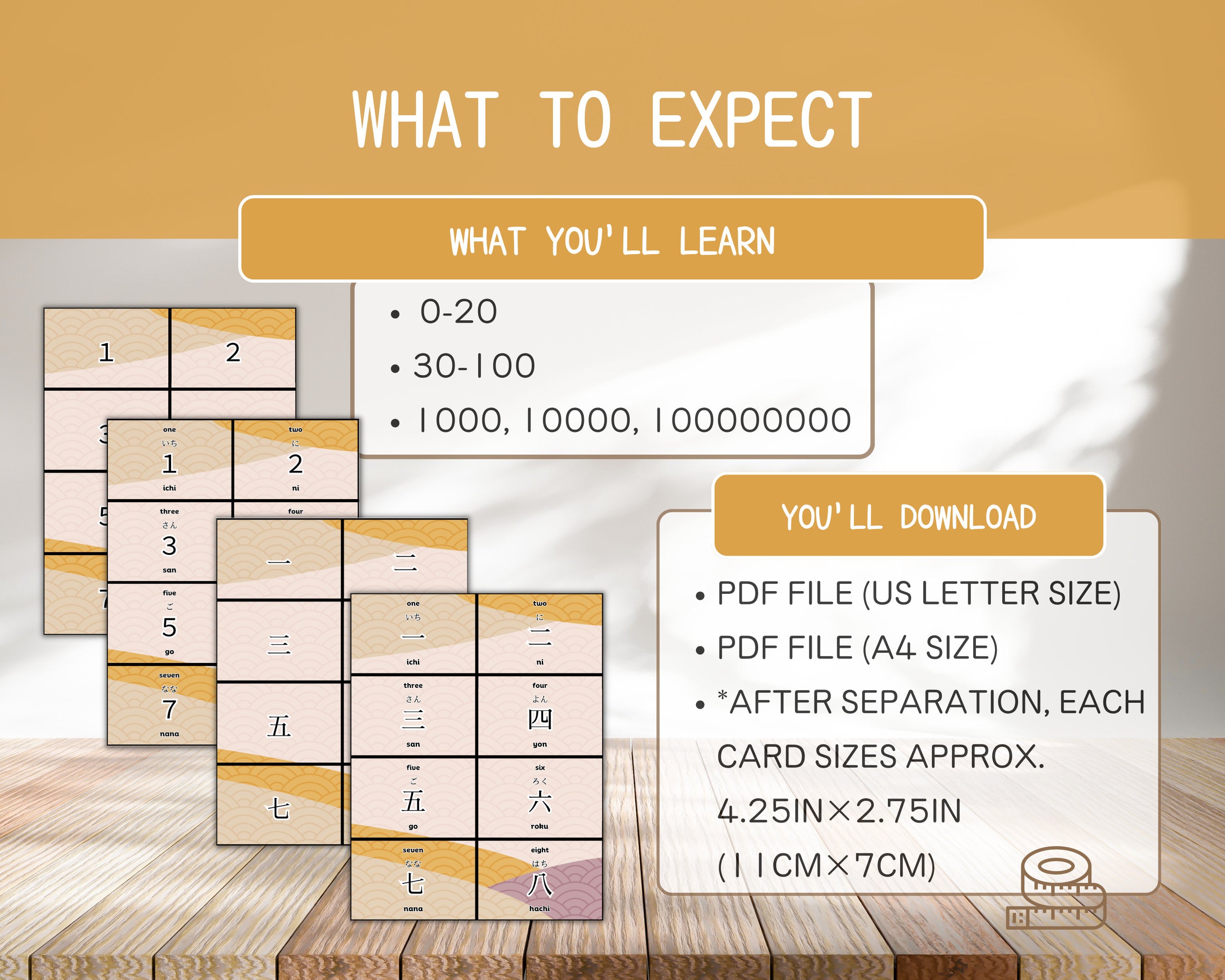 Educational material with card sizes and learning objectives on a wooden surface.