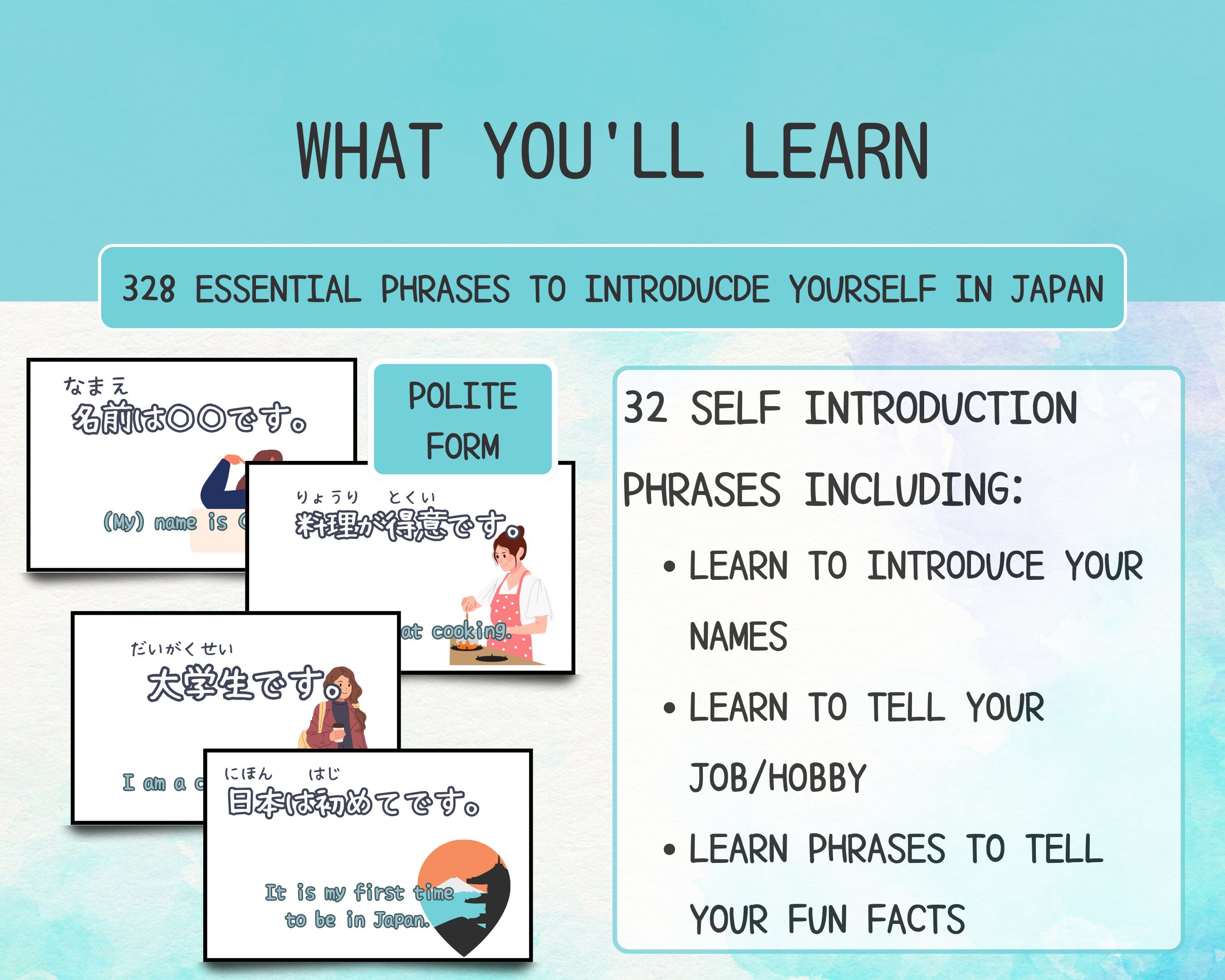 Educational slide about learning essential phrases to introduce yourself in Japanese with text and icons on a blue background.