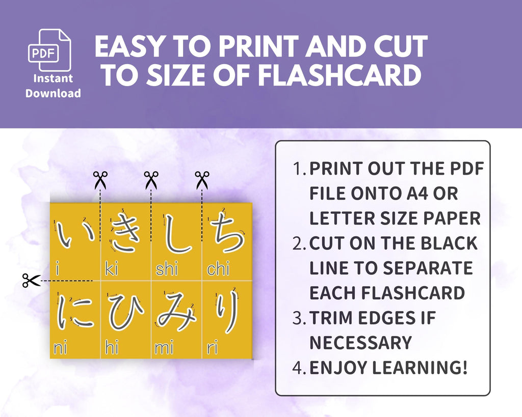 Instructions for printing and cutting flashcards with text on a purple background
