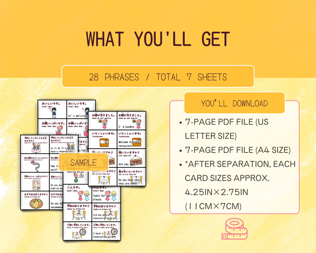 Product description card with text and sample images on a yellow background