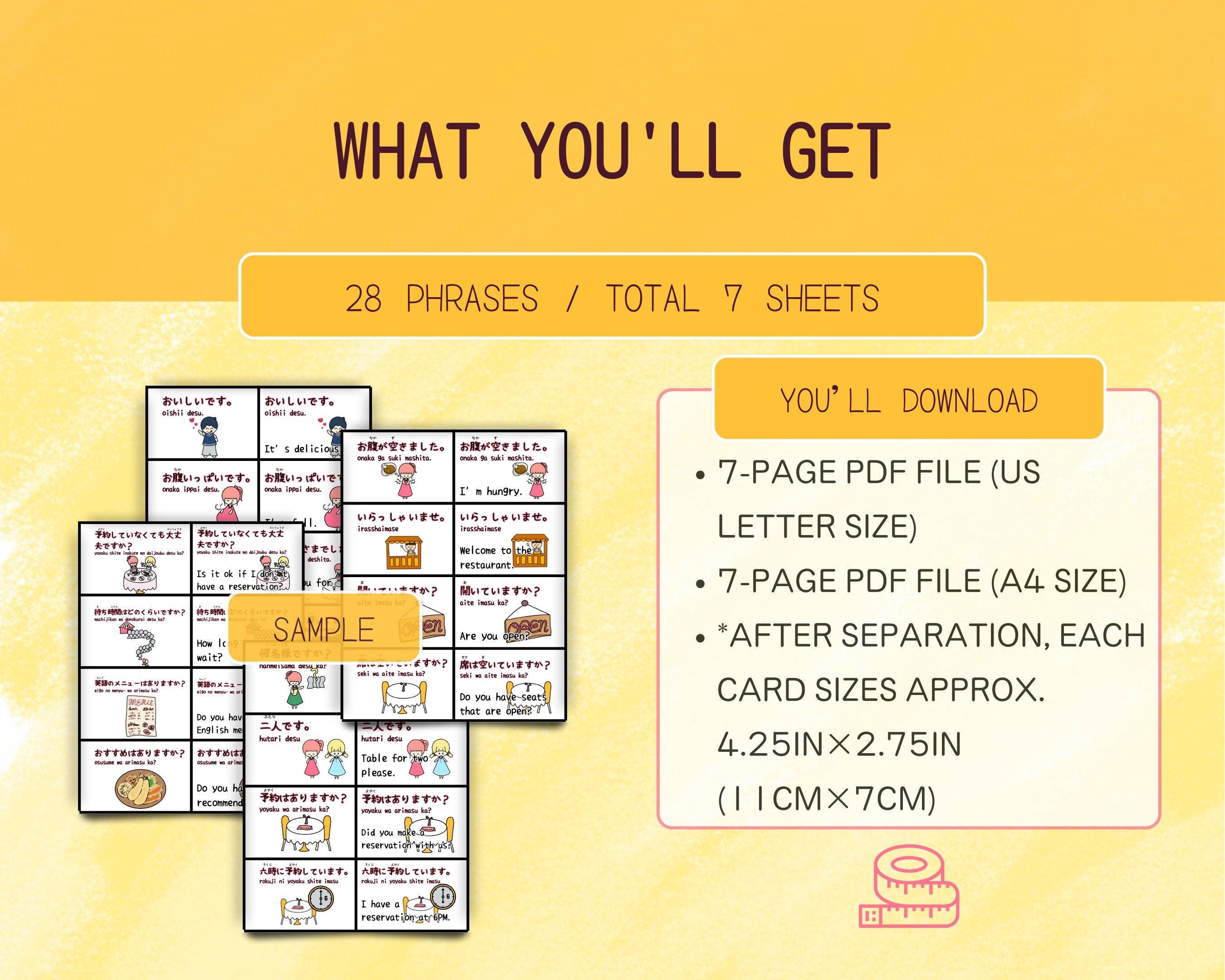 Product description card with text and sample images on a yellow background