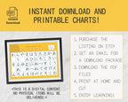 Promotional graphic for instant download and printable charts with a yellow border and text instructions.