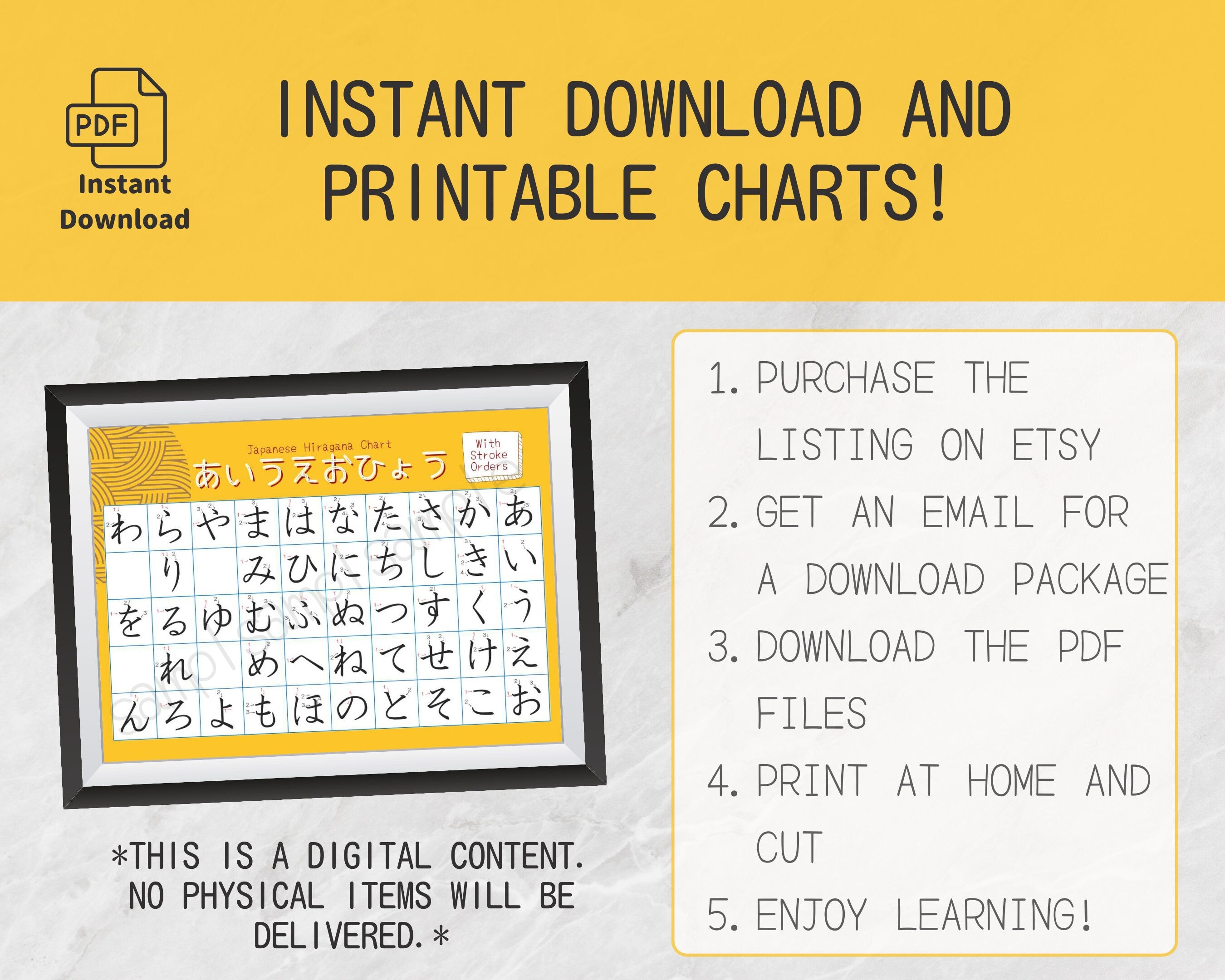 Promotional graphic for instant download and printable charts with a yellow border and text instructions.
